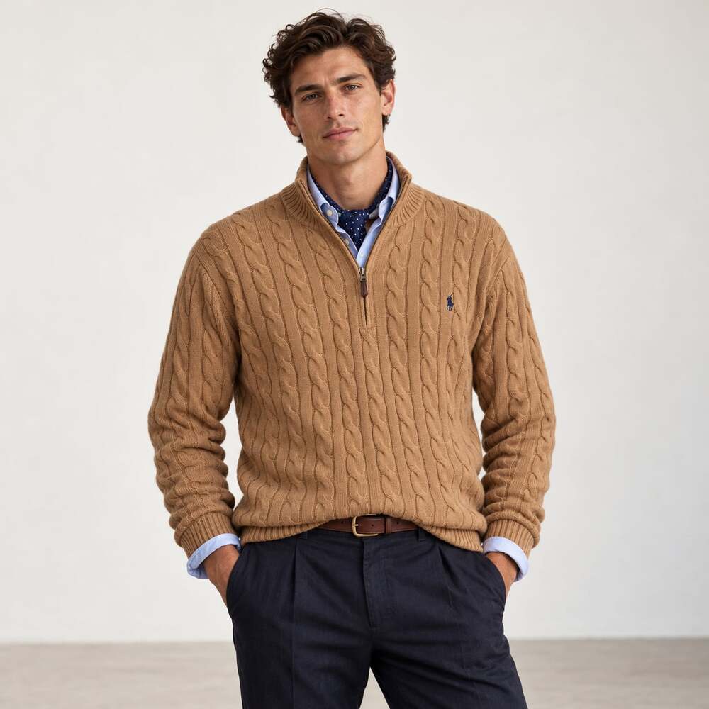Polo Ralph Lauren Cable Knit 100% Cotton Preppy Quarter Zip Sweater Camel 2X Big